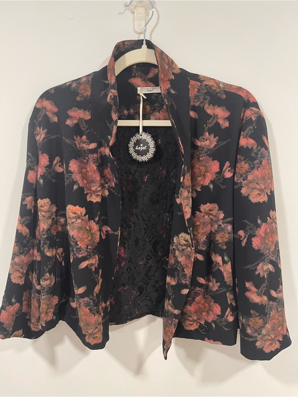 hazel Black Floral Open Front Jacket with Rose Print